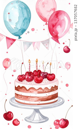 Watercolor Cherry Birthday Cake with Whipped Cream, Fresh Cherries, Party Flags, and Balloons Watercolor Cherry Birthday Cake with Whipped Cream, Fresh Cherries, Party Flags, and Balloons 137057682