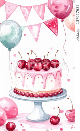Watercolor Cherry Birthday Cake with Whipped Cream, Fresh Cherries, Party Flags, and Balloons 137057683