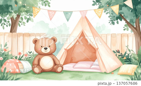 Watercolor Bear Sitting in Front of a Children's Triangle Tent with Pillows and Blankets in a Backyard Garden, Decorated with Lights and Party Flags 137057686