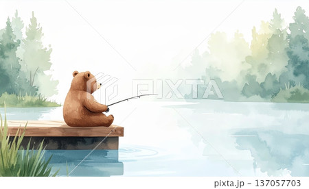 Watercolor Bear Fishing from a Bridge at a Lakeside 137057703