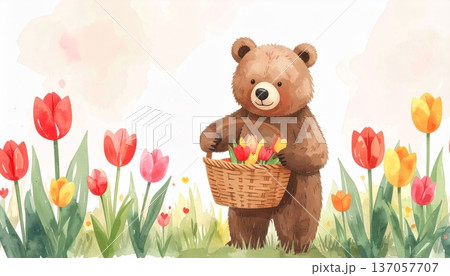 Watercolor Bear Holding a Basket of Tulips, Walking Through a Tulip Field Watercolor Bear Holding a Basket of Tulips, Walking Through a Tulip Field 137057707
