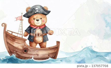 Watercolor Bear Wearing a Pirate Costume on a Pirate Ship in the Middle of the Ocean Watercolor Bear Wearing a Pirate Costume on a Pirate Ship in the Middle of the Ocean 137057708