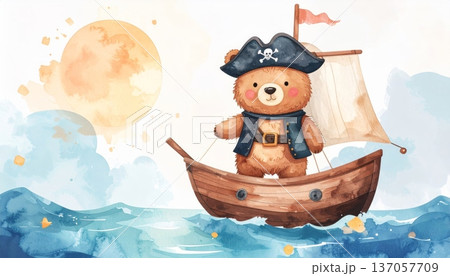 Watercolor Bear Wearing a Pirate Costume on a Pirate Ship in the Middle of the Ocean Watercolor Bear Wearing a Pirate Costume on a Pirate Ship in the Middle of the Ocean 137057709