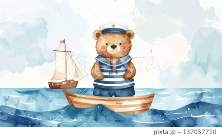 Watercolor Bear Wearing a Sailor Outfit on a Ship in the Ocean 137057710
