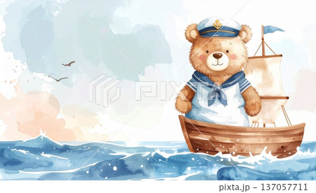 Watercolor Bear Wearing a Sailor Outfit on a Ship in the Ocean Watercolor Bear Wearing a Sailor Outfit on a Ship in the Ocean 137057711