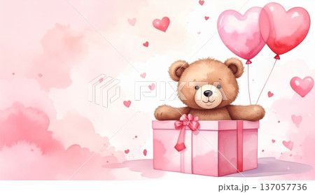 Watercolor Bear Popping Out of a Pink Gift Box with Floating Hearts and Heart-Shaped Balloons 137057736