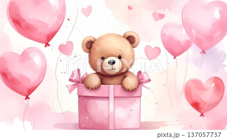 Watercolor Bear Popping Out of a Pink Gift Box with Floating Hearts and Heart-Shaped Balloons 137057737
