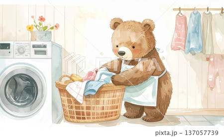 Watercolor Bear Wearing an Apron, Taking Clothes Out of a Laundry Basket in the Laundry Room 137057739