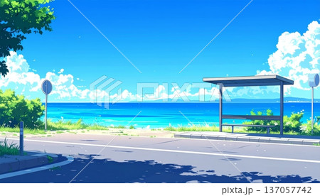 Anime-Style Illustration of a Bus Stop Sign by the Road with a Calm Cerulean Sea and Cloudless Sky Anime-Style Illustration of a Bus Stop Sign by the Road with a Calm Cerulean Sea and Cloudless Sky 137057742