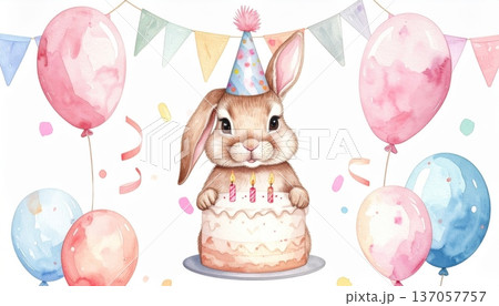 Watercolor Bunny in Party Hat with Large Birthday Cake, Party Flags, and Balloons Watercolor Bunny in Party Hat with Large Birthday Cake, Party Flags, and Balloons 137057757