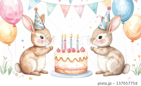 Watercolor Bunny in Party Hat with Large Birthday Cake, Party Flags, and Balloons Watercolor Bunny in Party Hat with Large Birthday Cake, Party Flags, and Balloons 137057758