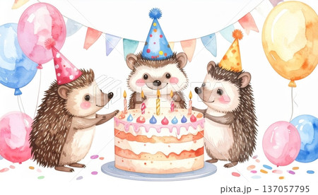 Watercolor Hedgehog in Party Hat with Large Birthday Cake, Party Flags, and Balloons 137057795