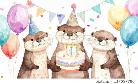 Watercolor Otter in Party Hat with Large Birthday Cake, Party Flags, and Balloons 137057796