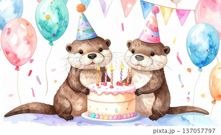Watercolor Otter in Party Hat with Large Birthday Cake, Party Flags, and Balloons Watercolor Otter in Party Hat with Large Birthday Cake, Party Flags, and Balloons 137057797