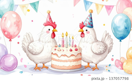 Watercolor Chicken in Party Hat with Large Birthday Cake, Party Flags, and Balloons Watercolor Chicken in Party Hat with Large Birthday Cake, Party Flags, and Balloons 137057798