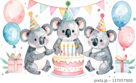 Watercolor Koala in Party Hat with Large Birthday Cake, Party Flags, and Balloons Watercolor Koala in Party Hat with Large Birthday Cake, Party Flags, and Balloons 137057808