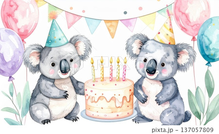 Watercolor Koala in Party Hat with Large Birthday Cake, Party Flags, and Balloons 137057809