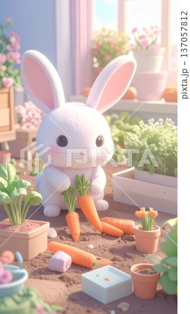 3D Bunny Gardening and Planting Carrots in a Garden Bed Next to Leafy Greens 3D Bunny Gardening and Planting Carrots in a Garden Bed Next to Leafy Greens 137057812