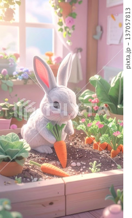 3D Bunny Gardening and Planting Carrots in a Garden Bed Next to Leafy Greens 3D Bunny Gardening and Planting Carrots in a Garden Bed Next to Leafy Greens 137057813