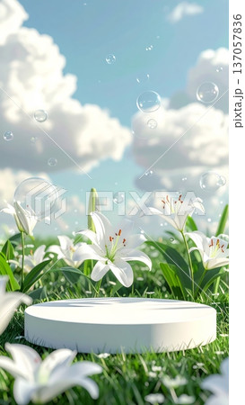 Minimalistic 3D White Podium on Grass with Lily Flowers and Sky Background 137057836