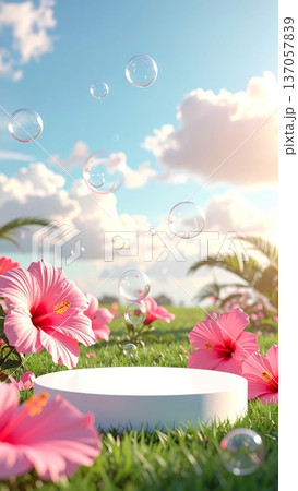 Minimalistic 3D White Podium on Grass with Hibiscus Flowers and Sky Background 137057839