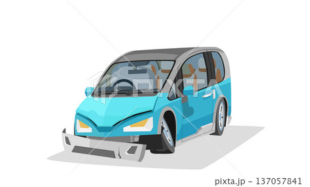 Separate layer of damage mini van car blue color. Car front bumper was damaged. The front wheel came off and the tire was flat. Show inside car. On isolated white background. Separate layer of damage mini van car blue color. Car front bumper was damaged. The front wheel came off and the tire was flat. Show inside car. On isolated white background. 137057841