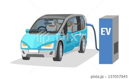 Separate layer of Electric vehicles mini van car blue color. Charging station comes with a cable and charging head that connects to the rear of the car. Show inside car. On isolated white background. Separate layer of Electric vehicles mini van car blue color. Charging station comes with a cable and charging head that connects to the rear of the car. Show inside car. On isolated white background. 137057845
