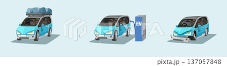 Separate layer group of three forms of mini van car. One for travel with rack. Two electric cars. And three damage car.  On isolated soft blue background. 137057848