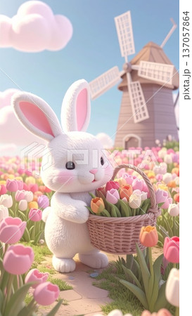 Bunny Holding a Basket of Tulips in a Field of Tulips with a Windmill in the Background Bunny Holding a Basket of Tulips in a Field of Tulips with a Windmill in the Background 137057864