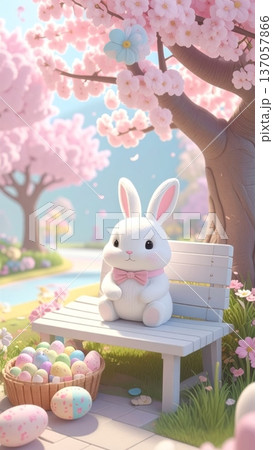 Bunny Sitting on a Bench Under a Sakura Tree in a Park with an Easter Egg Basket Nearby Bunny Sitting on a Bench Under a Sakura Tree in a Park with an Easter Egg Basket Nearby 137057866