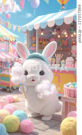 Bunny in a Cap Holding Cotton Candy Standing in Front of a Cotton Candy Cart at an Amusement Park Bunny in a Cap Holding Cotton Candy Standing in Front of a Cotton Candy Cart at an Amusement Park 137057869