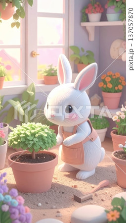 Bunny Planting a Tree in a Pot in a Backyard Vegetable Garden Bunny Planting a Tree in a Pot in a Backyard Vegetable Garden 137057870