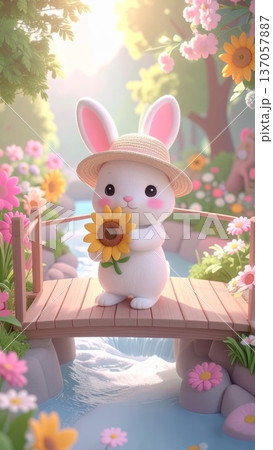 Bunny Wearing a Straw Hat Holding a Sunflower on a Wooden Bridge Over a Canal in a Park Bunny Wearing a Straw Hat Holding a Sunflower on a Wooden Bridge Over a Canal in a Park 137057887