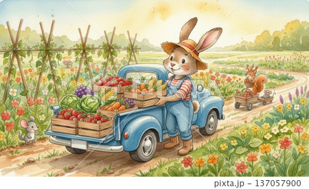 Bunny Farmer Carrying Wooden Boxes of Vegetables and Fruits to a Truck in a Countryside Garden Bunny Farmer Carrying Wooden Boxes of Vegetables and Fruits to a Truck in a Countryside Garden 137057900