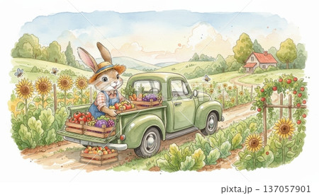 Bunny Farmer Carrying Wooden Boxes of Vegetables and Fruits to a Truck in a Countryside Garden Bunny Farmer Carrying Wooden Boxes of Vegetables and Fruits to a Truck in a Countryside Garden 137057901