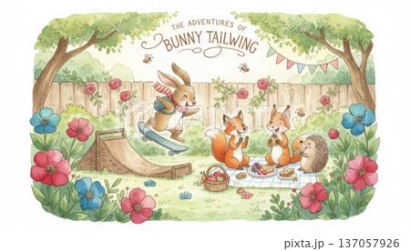 Bunny Skateboarding in the Backyard with Friends Enjoying Snacks and Having Fun 137057926