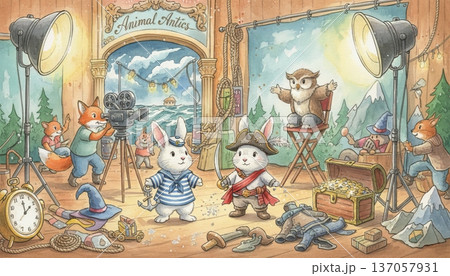 Bunny Actor in Costume Playing Pirate, Sailor, and Other Characters in a Studio for Easter Play 137057931