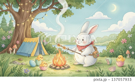 Bunny Camping in the Forest, Roasting Marshmallows and Watching Easter Eggs Hatch 137057933