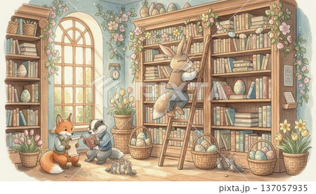 Bunny Librarian Organizing Books on a Ladder in a Cozy Library with Easter and Nature Decorations Bunny Librarian Organizing Books on a Ladder in a Cozy Library with Easter and Nature Decorations 137057935