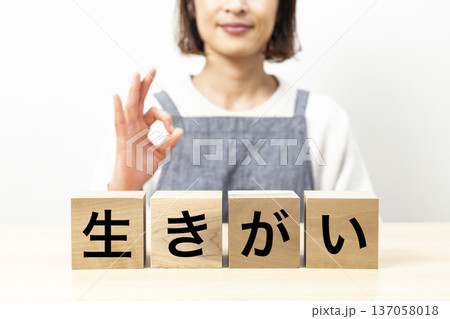 「生きがい」と書かれたブロックとエプロン姿の女性 137058018