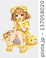 黄色コーデでピクニックを楽しむ女の子キャラクター（透過背景・座りポーズ） 137058020