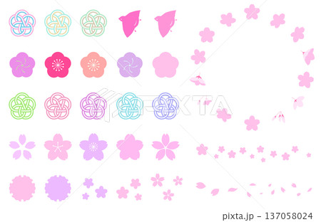 カラフルな春モチーフのイラストセット　桜　梅 137058024