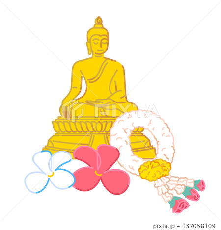 buddha statue with offering flowers decorated stylized illustration 137058109