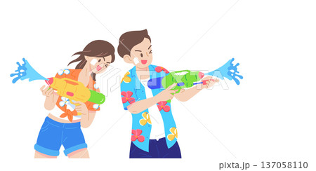 happy male and female characters playing water gun together 137058110