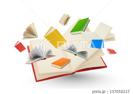 Books are in the air around an open book in space, PNG 137058227