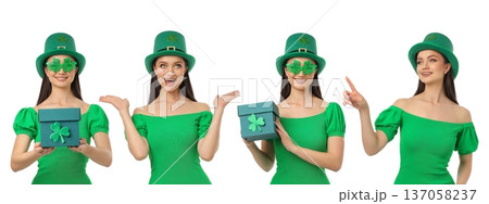 Woman in green outfit shows joy and gifts for St. Patrick's Day, PNG Woman in green outfit shows joy and gifts for St. Patrick's Day, PNG 137058237