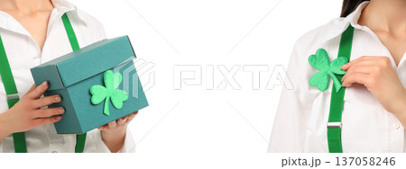 Two people hold a green box and wear a shamrock, PNG Two people hold a green box and wear a shamrock, PNG 137058246