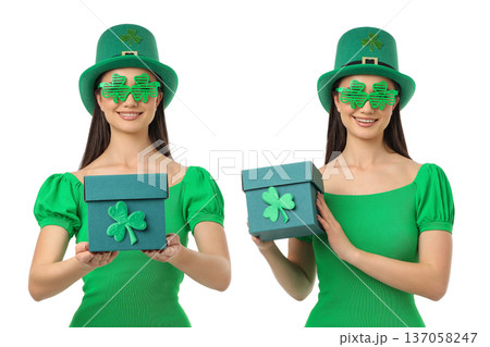 Girl in green outfit holds a gift box for St. Patrick's Day, PNG 137058247
