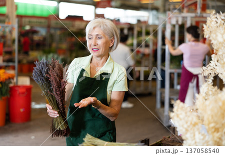 Old saleswoman holding bundles of lavender in open-air plants market Old saleswoman holding bundles of lavender in open-air plants market 137058540