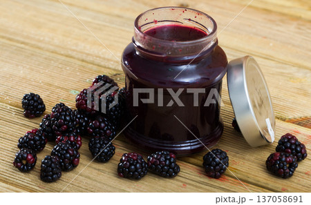 Blackberries and jar of jam Blackberries and jar of jam 137058691